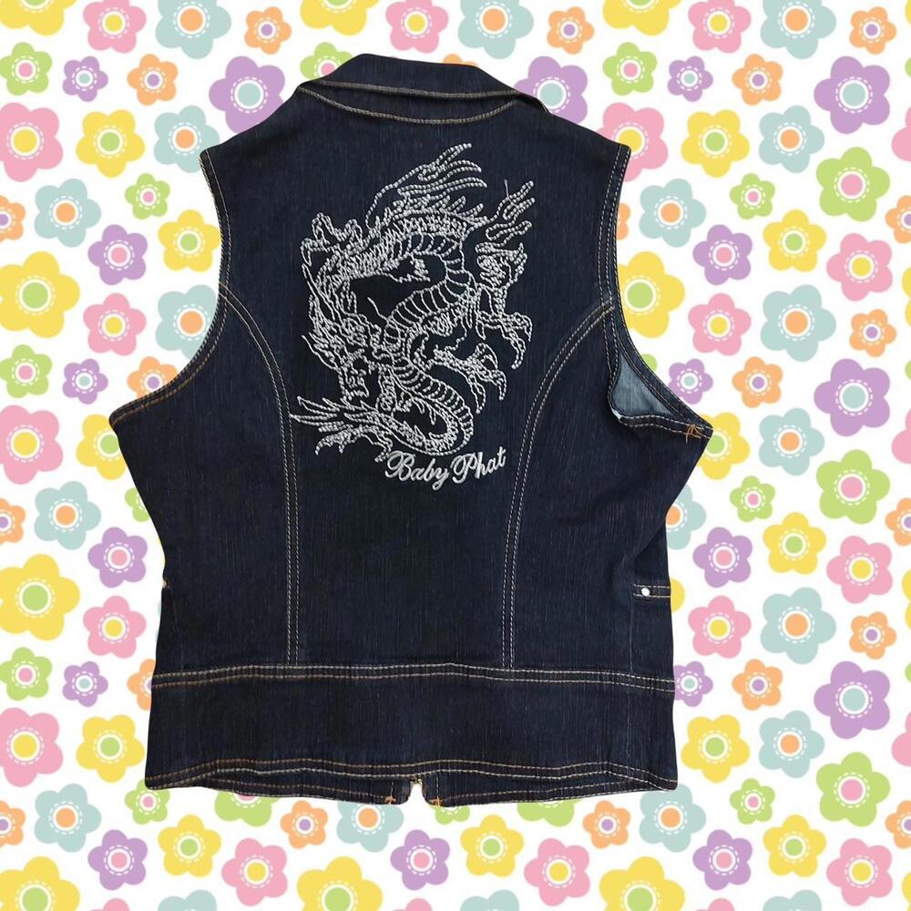 2000s y2k dark blue baby phat jean vest with dragon embroidered on back